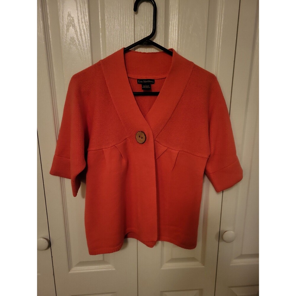 Erin Matthews Coral Knit Button Front Short Sleeve Cardigan Sweater
